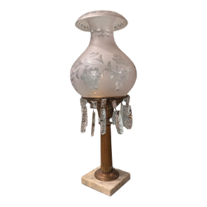 Antique Victorian Gilt Metal Astral Solar Lamp Frosted Grape Etched Shade With Prisms