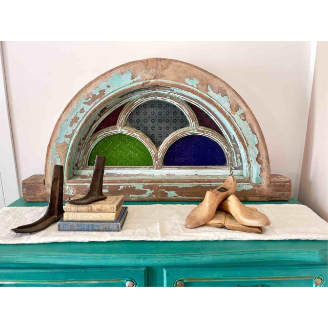 Antique Indian Teak and Cathedral Glass Overdoor Lunette, First Half of the 20th Century, 1920s For Sale - Image 3 of 15