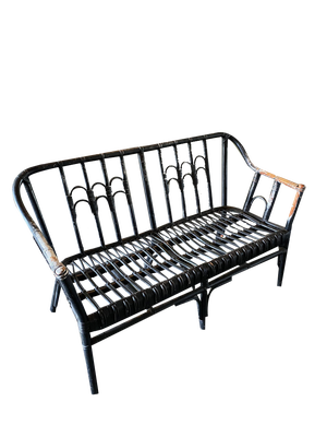 Vintage Black-Painted Rattan Bench