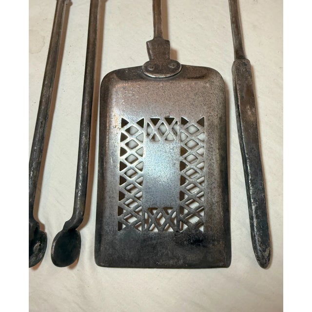3 Huge Antique 1800s Wrought Iron Turned Brass Fireplace Tools Shovel Poker Tong For Sale - Image 12 of 13