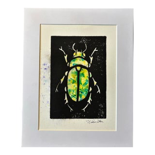 Original Hand-Carved Linocut Print Beetle With Watercolor - Lime Variant For Sale