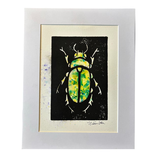 Original Hand-Carved Linocut Print Beetle With Watercolor - Lime Variant For Sale