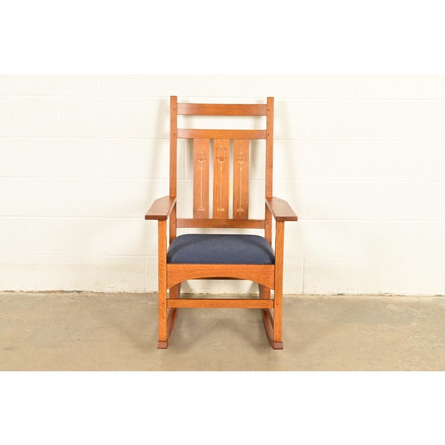 L. & J.G. Stickley, Inc. Stickley Harvey Ellis Collection Mission Inlaid Oak Arts & Crafts Rocking Chair For Sale - Image 4 of 14