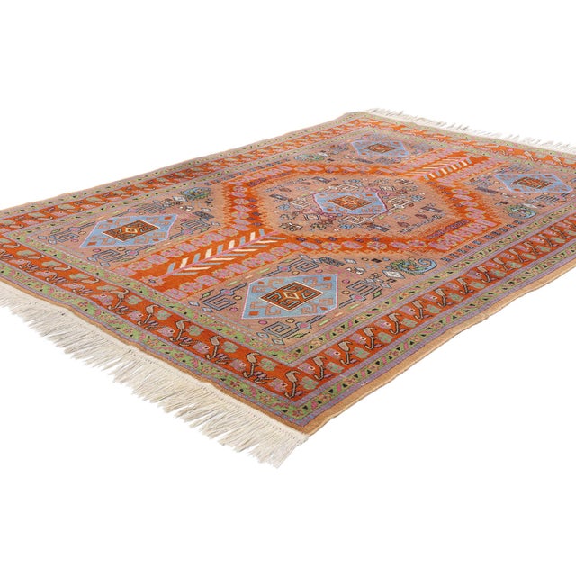 79141 Vintage Pakistani Bokhara Rug, 04'03 x 06'00. This hand-knotted wool vintage Pakistani Bokhara rug captivates with...