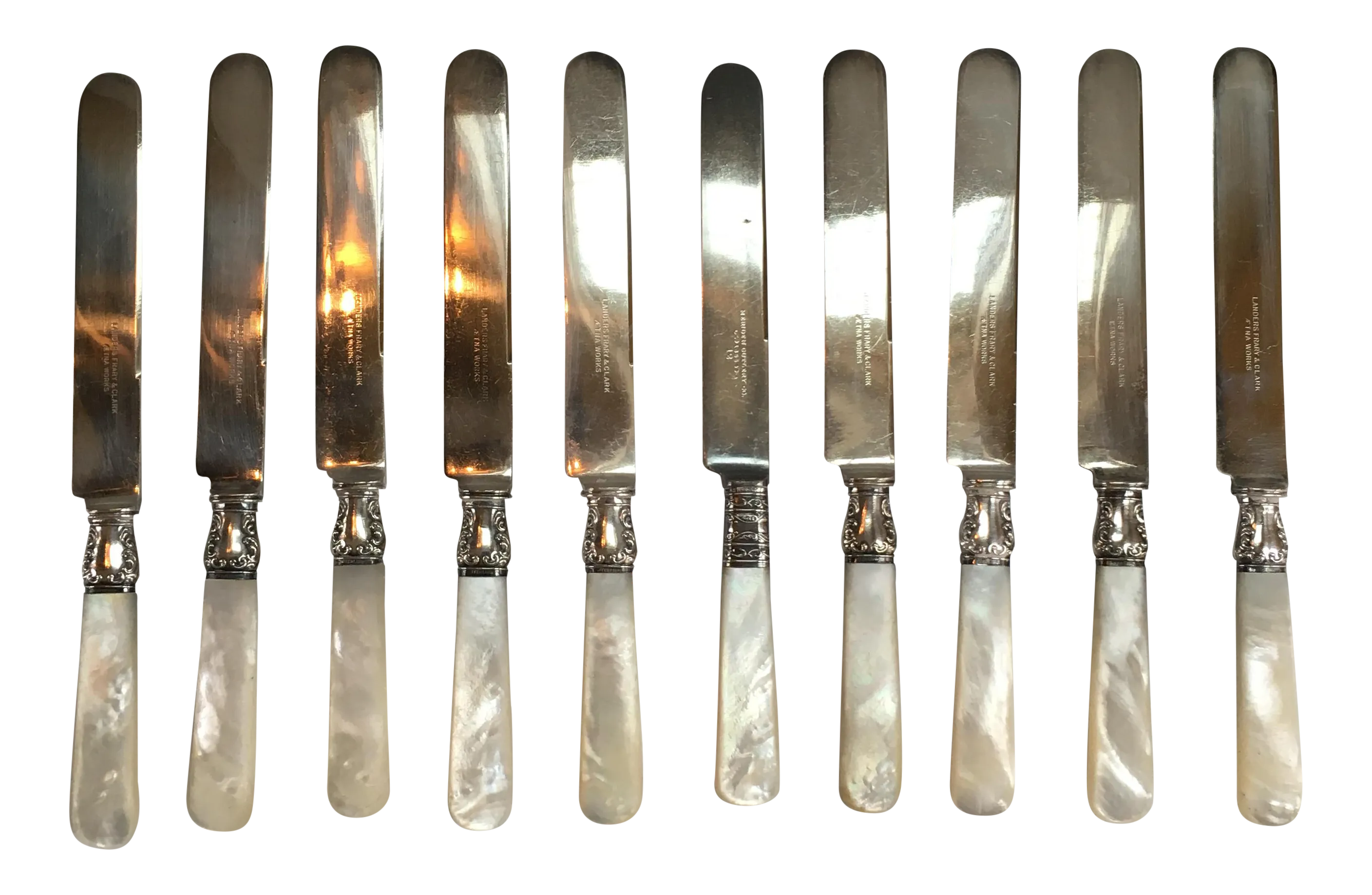 M5 Sterling Silver ヴィンテージ マザーオブパール ナイフ Antique English Sterling Silver Mother of Pearl Knives - Set of 10