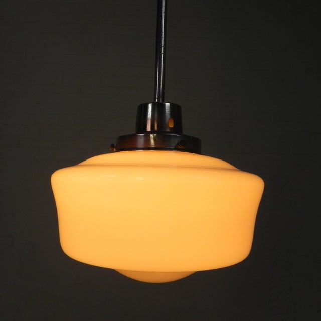 Metal Art Deco Pendant Lamp with White Glass Shade, 1930s For Sale - Image 7 of 16