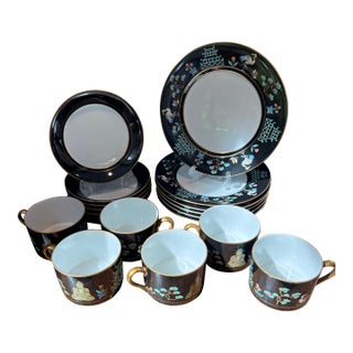 1970s Fitz and Floyd Chinoiserie Salad Plates, Flat Cups and Saucers - 17 pcs For Sale