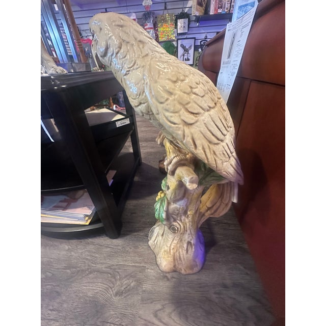 1950's Vintage White Chalkware Large Parrot on Tree Statue For Sale - Image 4 of 6