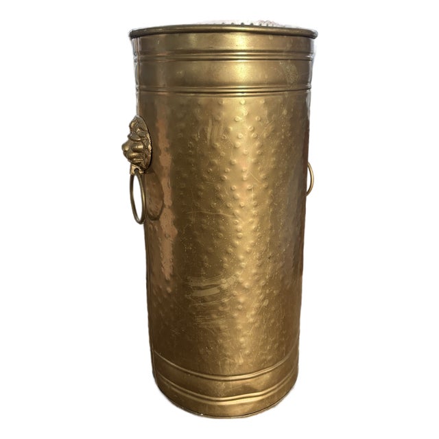 Mid 20th Century Brass Umbrella Stand With Lion Head Doorknocker Side Handles For Sale