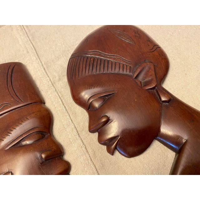 Late 20th Century Carved Hardwood African Man Woman Wall Art For Sale - Image 5 of 6