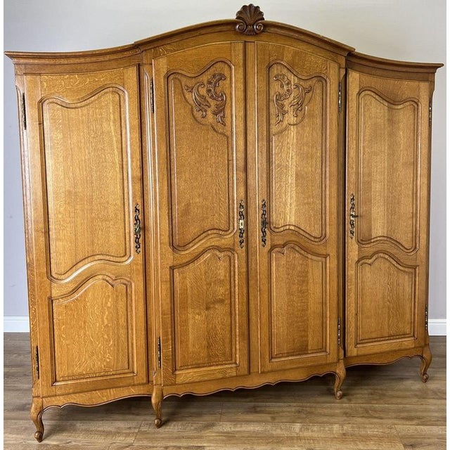 Vintage French Louis XVI Style Carved Oak 4-Door Armoire For Sale - Image 9 of 12