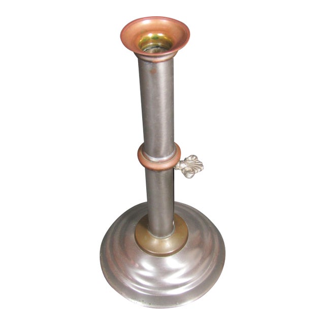 Antique Mixed-Metal Push-Up Candlestick, Brass & Copper, 10.75"h For Sale