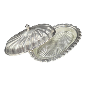 Mid 20th Century Sheffield Victorian Style Silver Plated Spiral Covered Butter Dish W/ Glass Insert