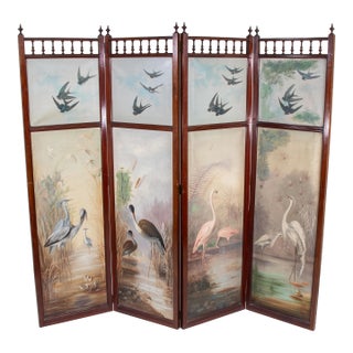 Mid-19th Century English Aesthetic Movement Oil on Canvas Four Panel Screen of Birds For Sale