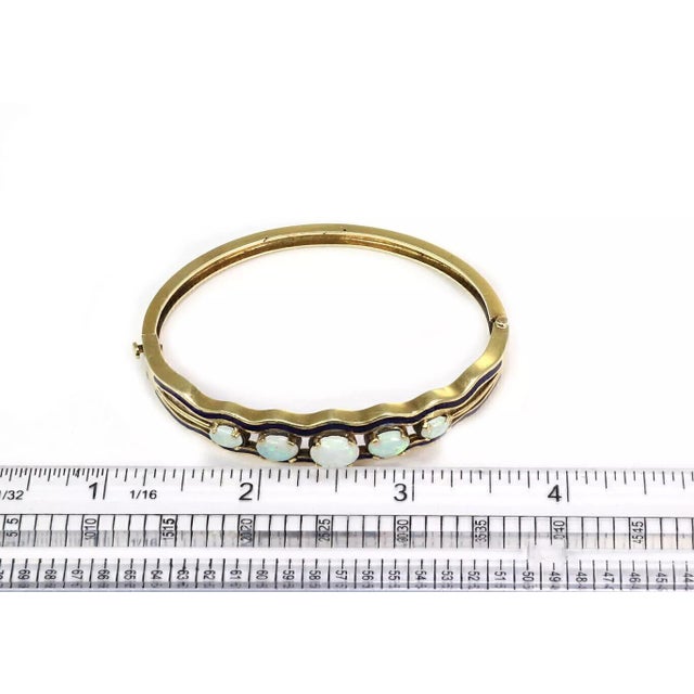 Late 20th Century Opal 14k Yellow Gold Blue Enamel Hinged Bracelet For Sale - Image 5 of 6