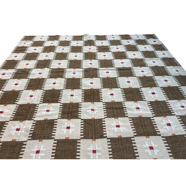 Handmade New Zealand Wool Dhurrie, Brown and Cream Geometric Rug- 12'x15' For Sale - Image 14 of 16