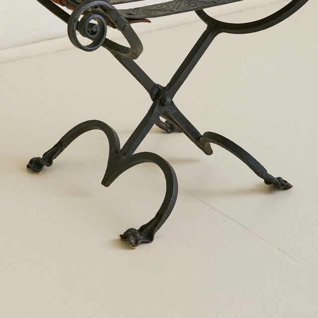 Vintage Spanish Brutalist Wrought Iron + Tooled Leather Folding Stool For Sale - Image 18 of 18