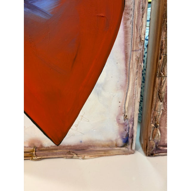 Contemporary Vintage Abstract Contemporary Folk Art Mixed Media Heart Signed Paintings – Collection of Three For Sale - Image 3 of 13