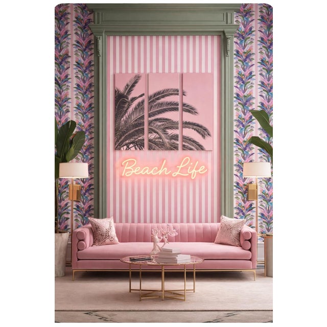 Wood Blush Pink Palm Frond Triptych – Tall Modern Coastal Wall Art For Sale - Image 7 of 11