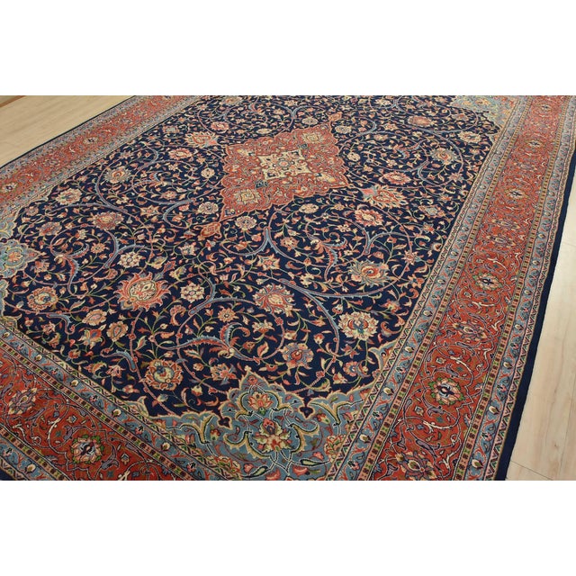 Farmhouse Sarouk Rug 10′ X 13’5” Blue Wool Vintage Traditional Hand-Knotted Carpet For Sale - Image 3 of 15