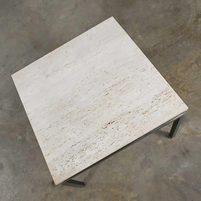 Off-white Modern Custom Tube Steel End Table With Travertine Top & Brass Plate Sphere Details by Jensen Design Inc For Sale - Image 8 of 13