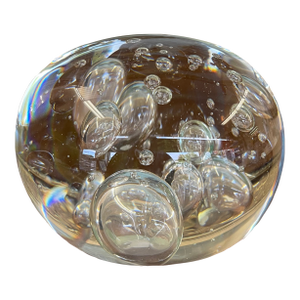Vintage Mid-Century Modern Clear Glass Paperweight With Controlled Bubbles