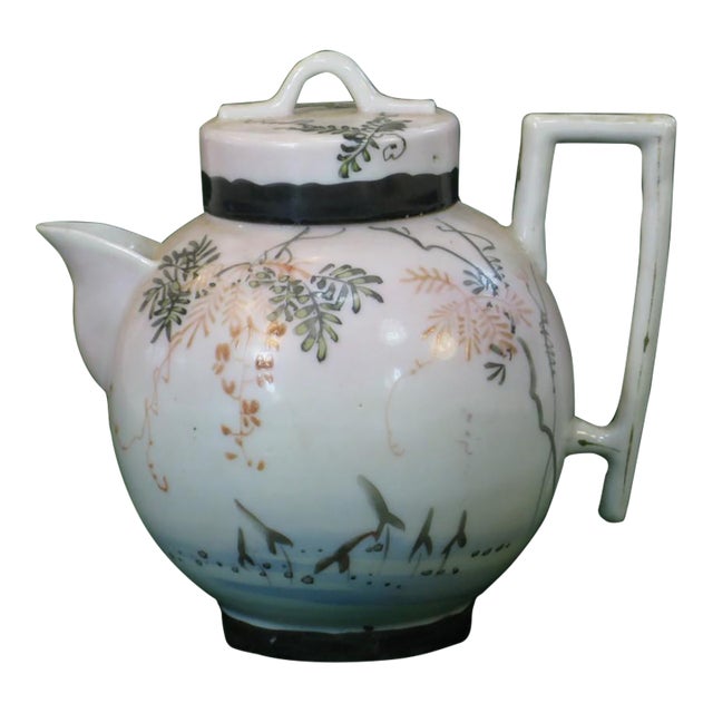 Mid 19th Century Satsuma Teapot Hand-Painted Vines & Blossoms Square Handle Japanese Meiji Period Signed For Sale