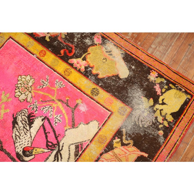 Bright Pink Zabihi Collection Bright Pink Antique Worn Flamingo Pictorial Khotan Rug - 5'10" x 10' For Sale - Image 8 of 12
