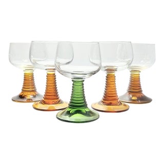 1980s Schott-Zwiesel “Ruwer” Set of 5 Green & Amber Beehive Wine Glasses For Sale