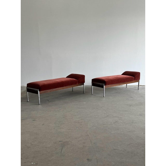 W69 D25 H23 SH20.5 Fully restored vintage daybed in mixed materials. Each unit features fresh foam, replaced straps, newly...