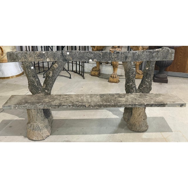 Monumental French Faux Bois Cast Stone Bench Tree Trunk Supports, circa 1920s For Sale - Image 11 of 18