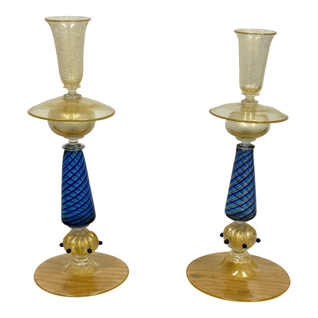 La Fenice Murano Glass Filigrana Candle Holders, Pair For Sale