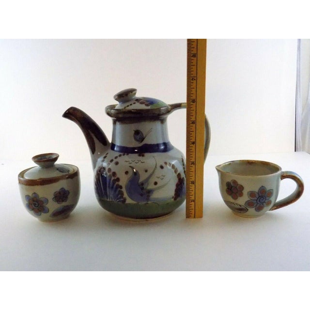 Vintage Mexico Pottery Tea Set Teapot Lidded Sugar and Creamer Blue and