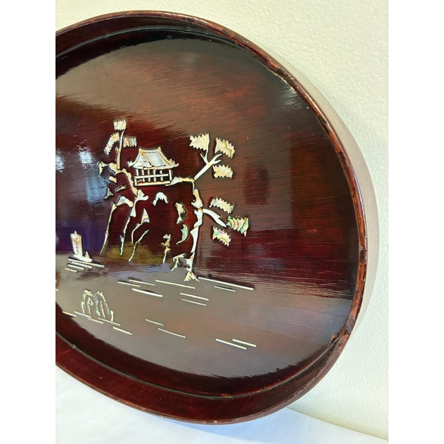 Late 20th Century Asian Lacquer Tray With Mother of Pearl Landscape Inlay For Sale - Image 5 of 10