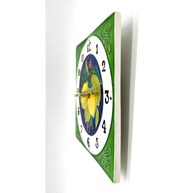 Green Vintage Italian Majolica Style Lemon Ceramic Wall Clock | Hand Painted Citrus Kitchen Decor - Mediterranean, Cottagecore For Sale - Image 8 of 11