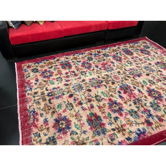 Almond Vintage Distressed Floral Turkish Area Rug For Sale - Image 8 of 11