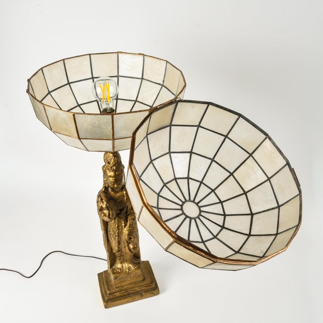 Vintage Statement Table Lamp Featuring Gold Guan Yin Figure and Capiz Shell Globe Shade For Sale - Image 15 of 17