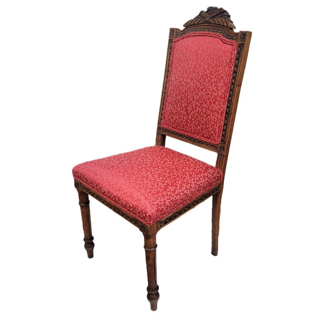 Late 19th Century Pair Antique French Louis XVI Carved Walnut Upholstered Side Chairs For Sale - Image 5 of 14