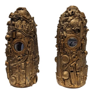 Mid Century Folk Art Found Object Memory Bottles Pair For Sale