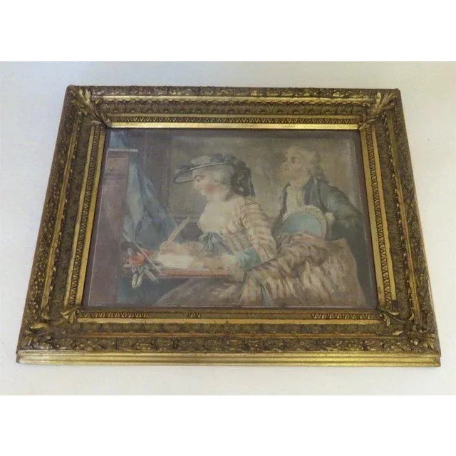 This is a charming watercolor, 19th century or earlier. Louis XV dress of man and wife I believe signing wedding papers....