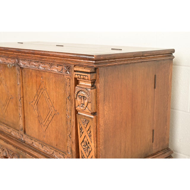 Antique English Jacobean Carved Oak Bar Cabinet, Circa 1920s For Sale - Image 12 of 18