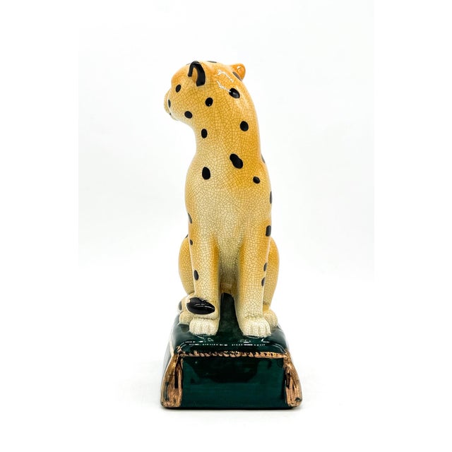 Late 20th Century Vintage Staffordshire Style Crackle Glazed Ceramic Cheetah on Green Pillow – Hollywood Regency / Safari Chic For Sale - Image 5 of 9