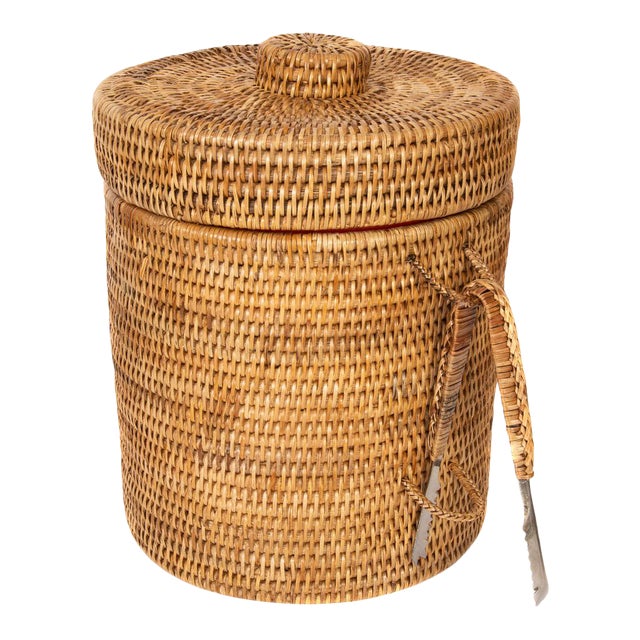 Artifacts Rattan Ice Bucket with Tongs in Honey Brown 10" - 2 Pieces For Sale