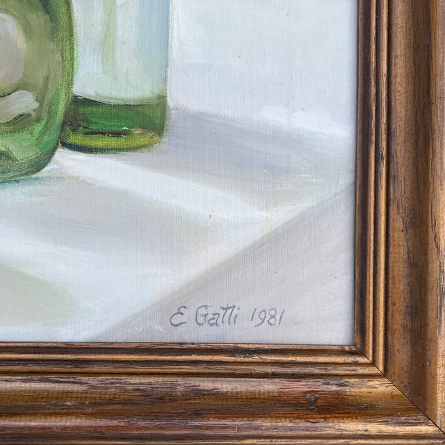 Mid-Century Modern 1980’s Original Modernist Still Life Painting With Bottles & Gourd Pink Drape Vintage Wood Frame For Sale - Image 3 of 4