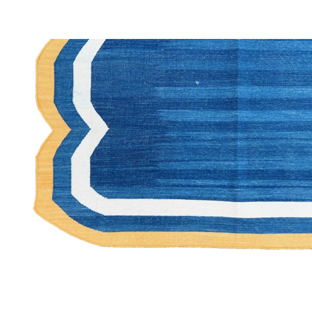 Handmade Cotton Area Rug Natural Vegetable Dyed Blue Scalloped Rug Yellow Border - 6'x9' For Sale - Image 10 of 11