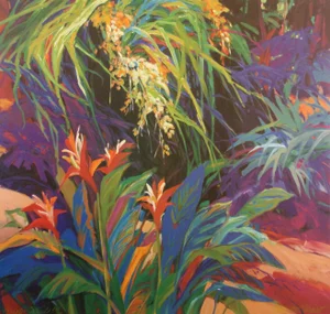 1980s "Parrots and Orchids" Hand Signed Offset Lithograph by Mary Jane Schmidt