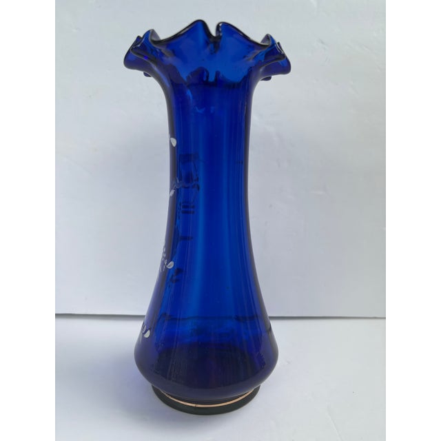 Vintage Mary Gregory Style Cobalt Blue Glass Vase With Ruffled Rim For Sale In Orlando - Image 6 of 12