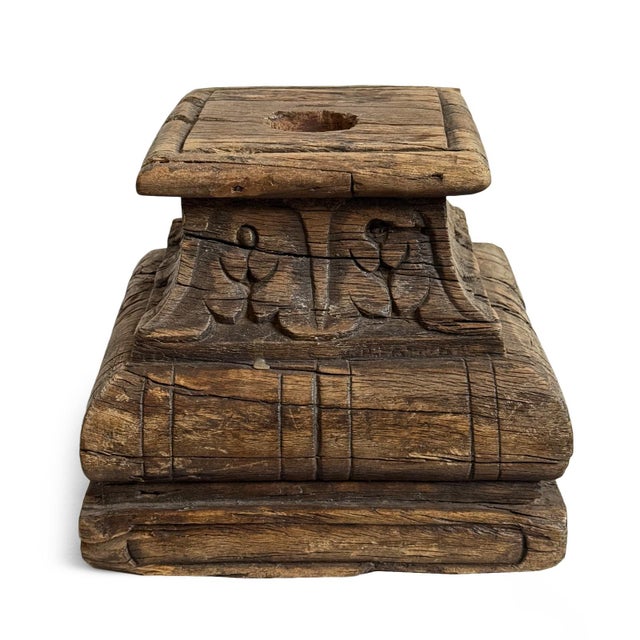 Antique Indian column base repurposed into a one of a kind candle stand. Solid teak wood with beautiful hand carved...