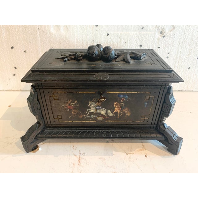 19th Century Carved Black Wood Jewelry Box with Polychrome Decoration For Sale - Image 6 of 13