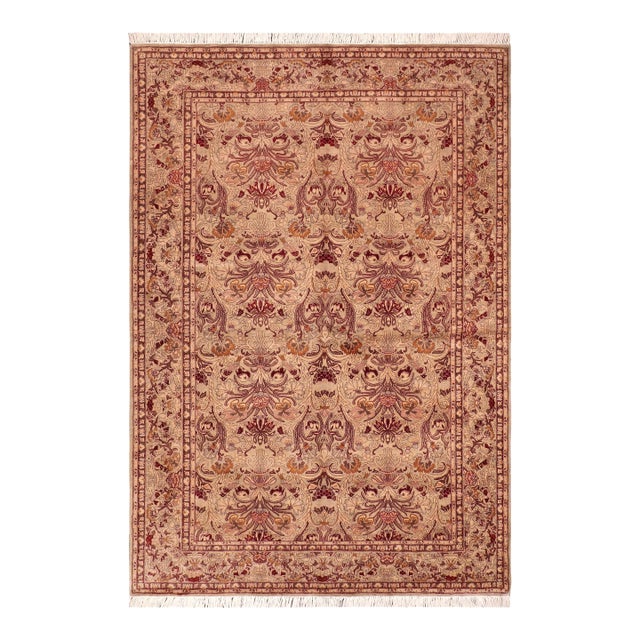 Shabby Chic Floral 1990's Pak-Persian Taupe/Red Wool Rug - 6'1'' X 9'4'' For Sale